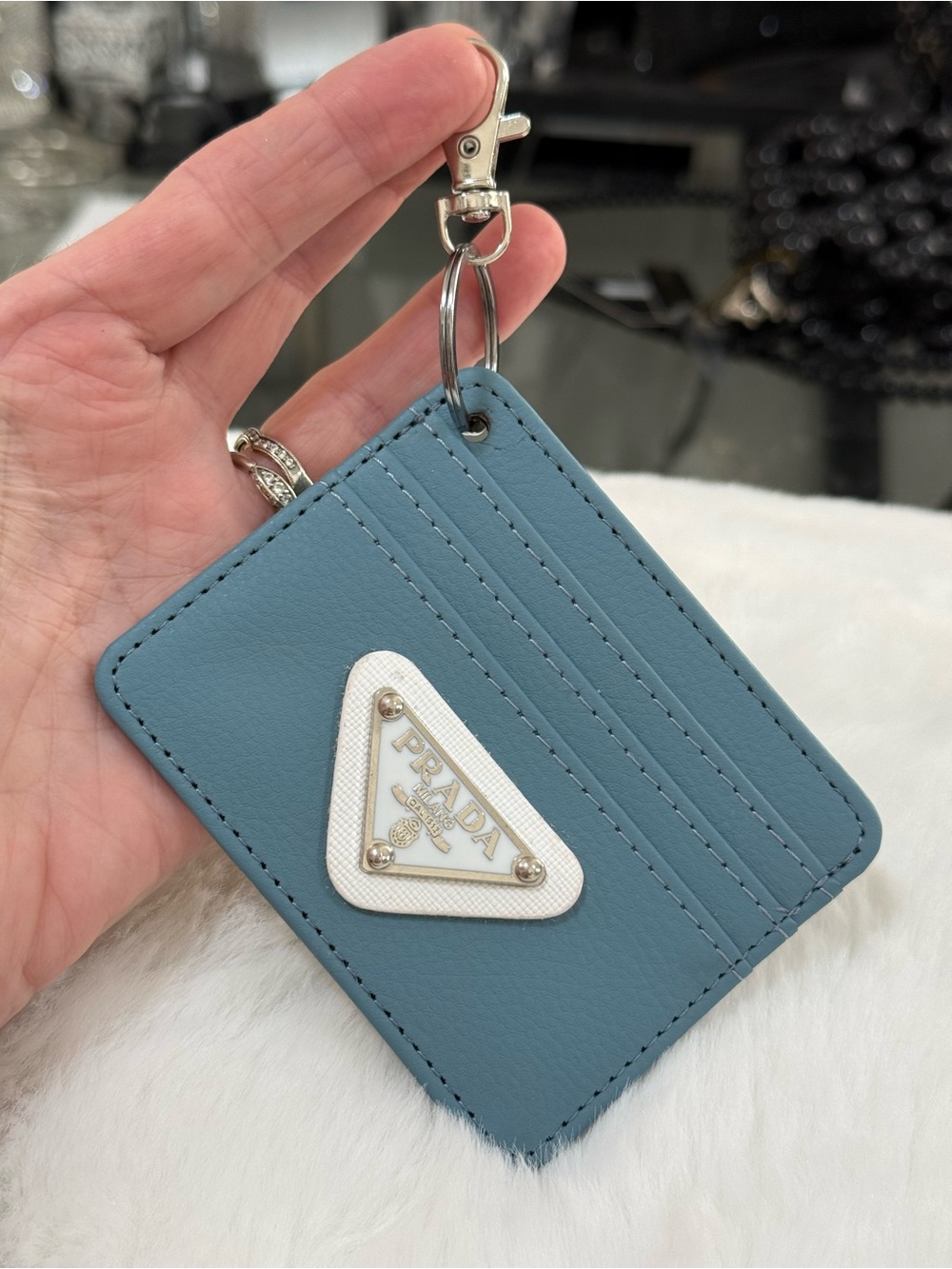 Prada upcycled Dusty Blue Leather Cardholder Key Ring with White Triangle Logo